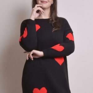 Pulover lung negru cu inimioare rosii