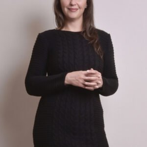 Pulover lung negru cu model impletit