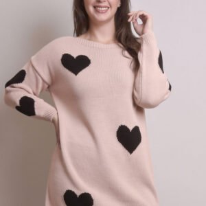 Pulover lung roz pudrat cu inimioare negre