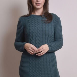 Pulover lung turcoaz cu model impletit