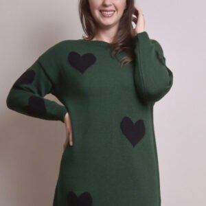 Pulover lung verde cu inimioare negre