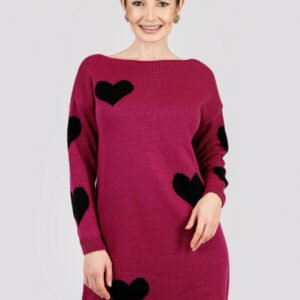 Pulover lung visiniu cu inimioare negre