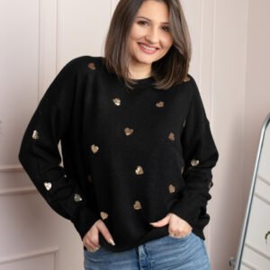 Pulover negru Riley cu inimioare din paiete aurii