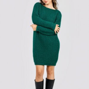 Pulover pufos verde tip rochie cu decolteu barcuta
