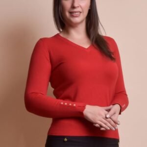 Pulover rosu cu decolteu in V si nasturi decorativi