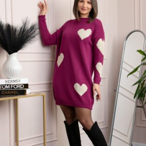 Pulover tip rochie Taylor cu inimioare aurii din fir lame - Fuchsia