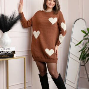 Pulover tip rochie Taylor cu inimioare aurii din fir lame - Maro