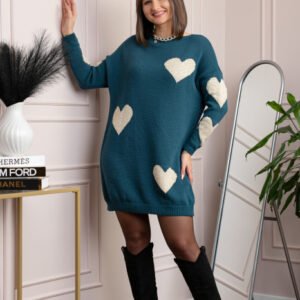 Pulover tip rochie Taylor cu inimioare aurii din fir lame - Turcoaz
