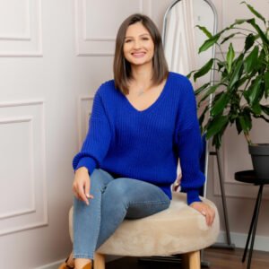 Pulover tricot gros Amy cu decolteu in V - Albastru