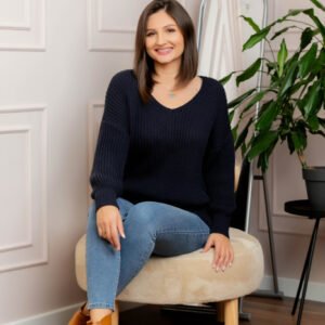 Pulover tricot gros Amy cu decolteu in V - Bleumarin