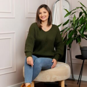 Pulover tricot gros Amy cu decolteu in V - Kaki