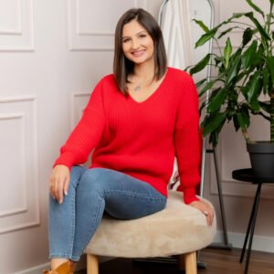 Pulover tricot gros Amy cu decolteu in V - Rosu