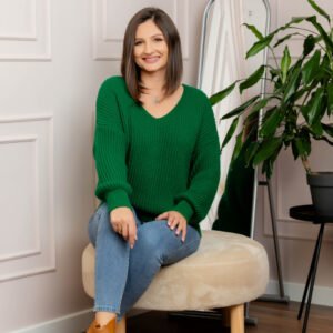 Pulover tricot gros Amy cu decolteu in V - Verde