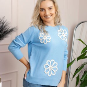 Pulover tricotat cu aplicatii florale Sally - Albastru