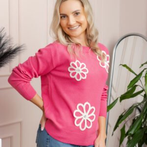 Pulover tricotat cu aplicatii florale Sally - Ciclam