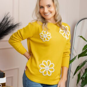 Pulover tricotat cu aplicatii florale Sally - Galben