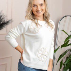 Pulover tricotat cu aplicatii florale Sally - Ivoire