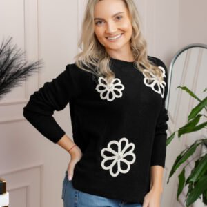Pulover tricotat cu aplicatii florale Sally - Negru