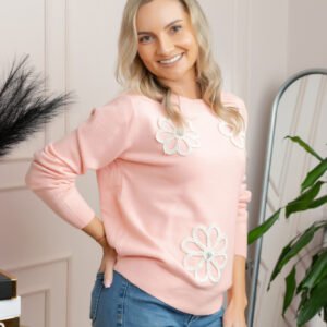 Pulover tricotat cu aplicatii florale Sally - Roz
