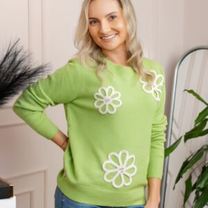 Pulover tricotat cu aplicatii florale Sally - Verde praz