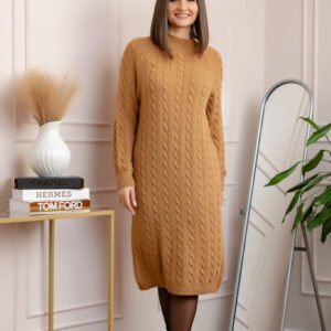 Pulover tricotat tip rochie Rachel cu maneci raglan - Camel