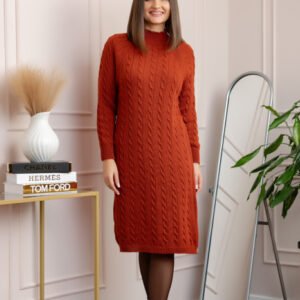 Pulover tricotat tip rochie Rachel cu maneci raglan - Caramiziu