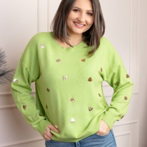 Pulover verde praz Riley cu inimioare din paiete aurii