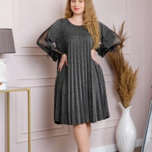 Rochie Amelie plisata gri antracit cu insertie de dantela