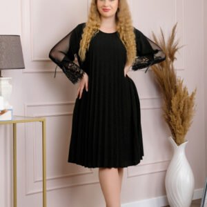 Rochie Amelie plisata neagra cu insertie de dantela