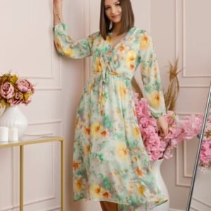 Rochie Carrie din voal cu imprimeu floral verde pastel