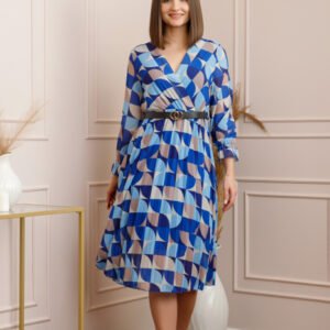 Rochie Charlotte albastra din voal cu maneci lungi si curea ajustabila