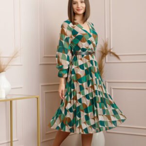 Rochie Charlotte verde din voal cu maneci lungi si curea ajustabila