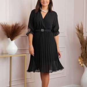 Rochie Christie neagra din voal cu fusta plisata si curea
