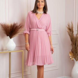 Rochie Christie roz din voal cu fusta plisata si curea