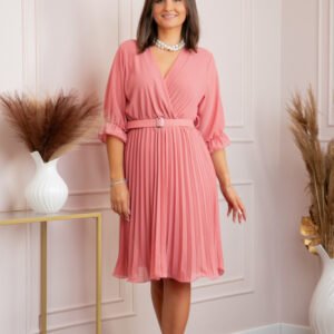 Rochie Christie roz somon din voal cu fusta plisata si curea