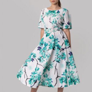 Rochie alba cu imprimeuri florale turcoaz si centura in talie