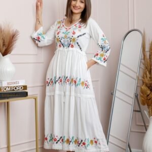 Rochie alba cu motiv floral multicolor Violeta 02