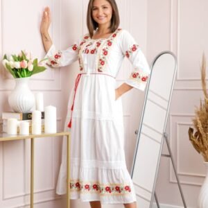 Rochie alba cu motiv floral rosu Corina 02