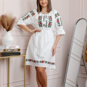 Rochie alba cu motiv floral rosu Lucia