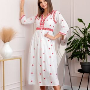 Rochie alba cu motiv floral rosu Monica