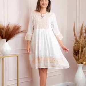 Rochie alba cu motiv geometric auriu Aida 01