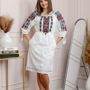 Rochie alba cu motiv geometric rosu Dorina