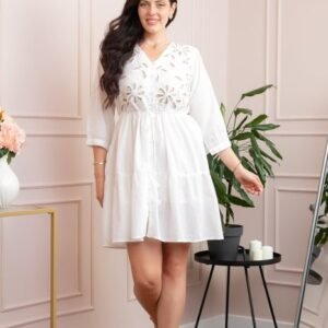 Rochie alba cu perforatii florale bej Iulia 01