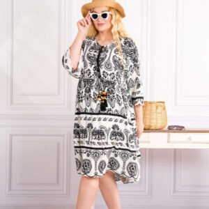 Rochie alba midi boho chic cu imprimeuri mandala negre
