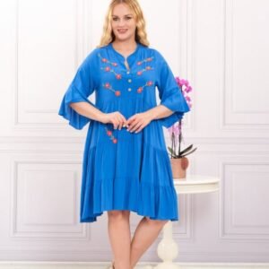 Rochie albastra boho chic cu aplicatie florala cusuta
