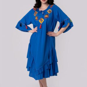 Rochie albastra boho chic cu romburi si ciucuri