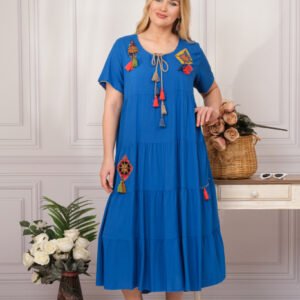 Rochie albastra boho chic cu snur si ciucuri