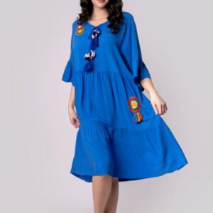 Rochie albastra boho chic cu volane si maneci largi