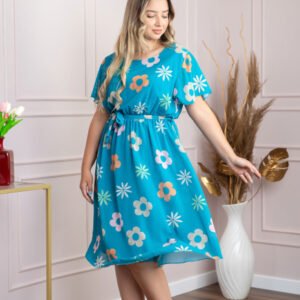 Rochie albastra cu imprimeu floral si maneci fluture