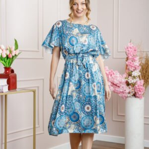 Rochie albastra cu imprimeuri mandala si volanas la maneci